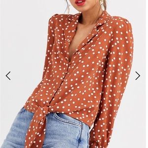 Asos burnt orange polka dot oasis shirt with tie front size 14